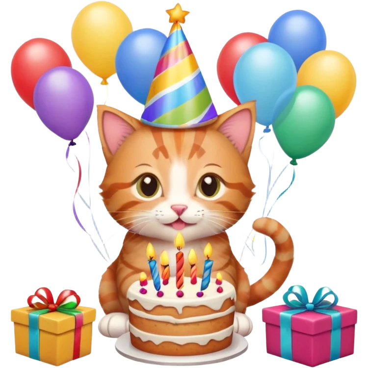 Ginger tabby kitten birthday, birthday hat, birthday cake, balloons, happy, gifts emoji