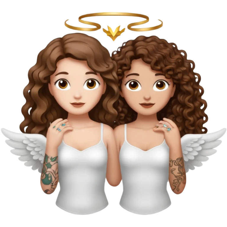 fake angel pose — long wavy brown hair tattooed woman and short tight curly brown hair woman — halo sparkle emoji