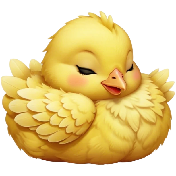 Meme-Worthy Cute Sleeping Yellow Baby Chicken Portrait Emoji, Head resting peacefully with a contented smile, showcasing a delightfully tiny build and a luxuriously soft bright yellow downy coat, eyes shut in a serene, restful nap, Simplified yet hilariously adorable features, highly detailed, glowing with a soft, drowsy light, high shine, relaxed and utterly lovable, stylized with an air of playful laziness, bright and heartwarming, soft glowing outline, capturing the essence of a comically sleepy chick, so meme-worthy it feels like it could instantly become the next viral sensation of adorable slumber! emoji