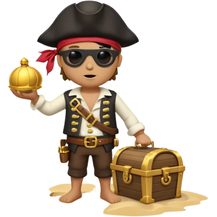 A 3D cartoon pirate with one eye covered by a black eye patch, holding a treasure chest of gold, wearing a hat, standing on sand, Memoji-style. emoji
