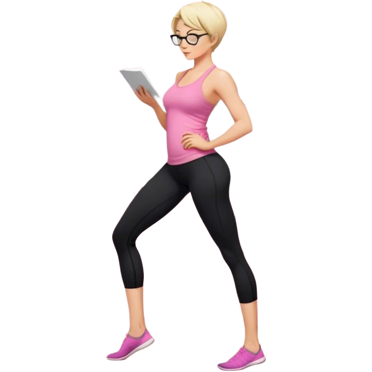 Full body view from the side, fair skinned woman, curvy, short blond hair, small reading glasses, cooking dinner in kitchen, pink loose tank top, showing natural B cup breast shape SFW, black yoga pants, large curvy booty emoji