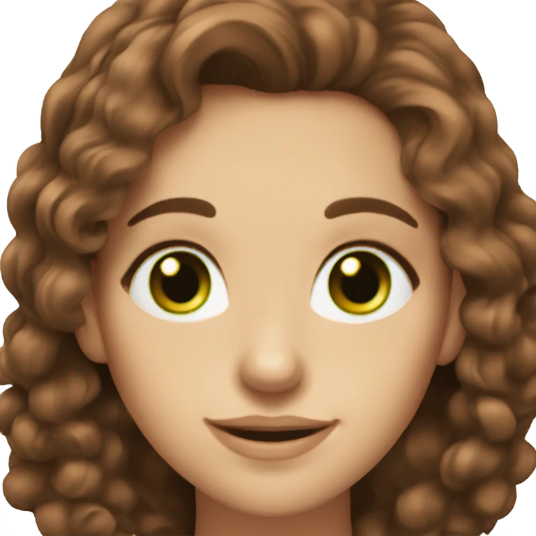 A gorgeous woman with beautiful brown hair and green eyes, fair skin and a smile emoji