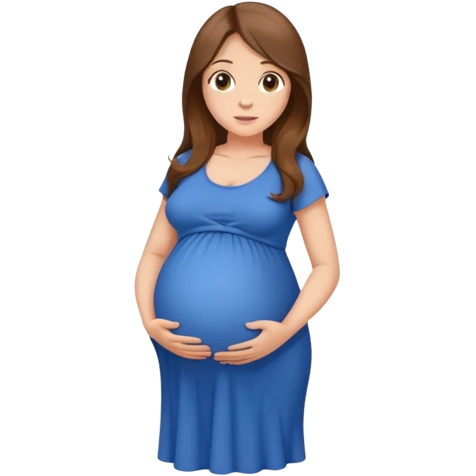Pregnant woman with long brown hair and hazel eyes. Big belly wearing blue emoji