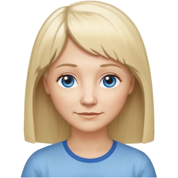 50 yr old white woman, hippie part short bangs, very long straight blond hair, oval face, small smile, blue eyes, thin face, hair downback, hair parted at center of head, round cheeks, pale, longer hair, white shirt emoji
