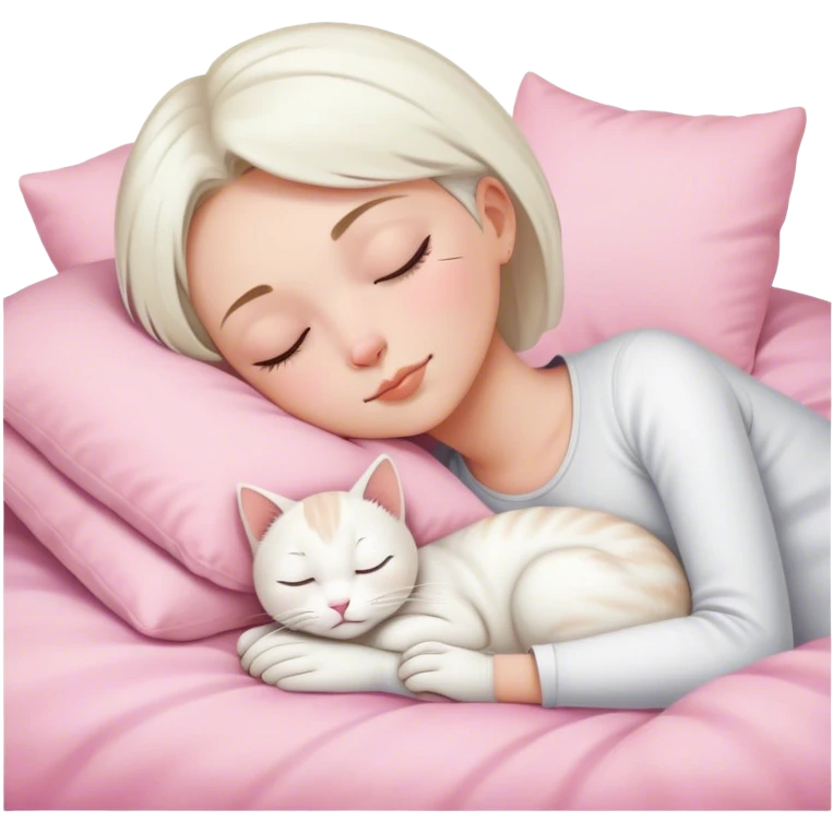 White cat sleeping with white girl short hair in pinky bed  emoji