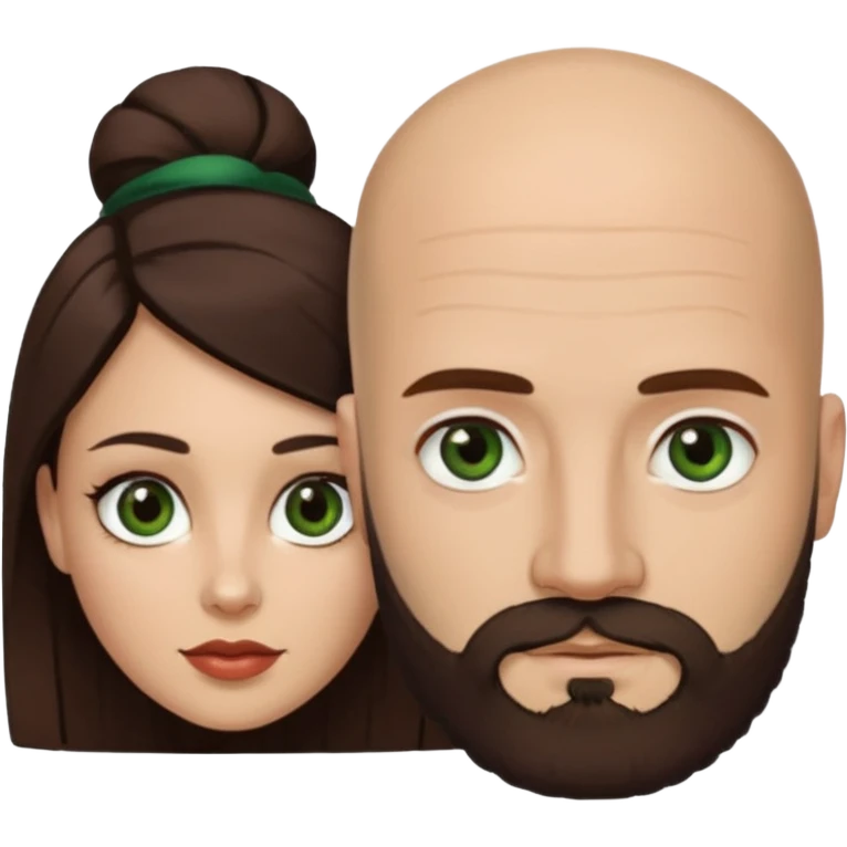 Man beard bald white dark green eyes, woman medium hair brown brown eyed latina they have different eye color man dark green woman dark brown emoji