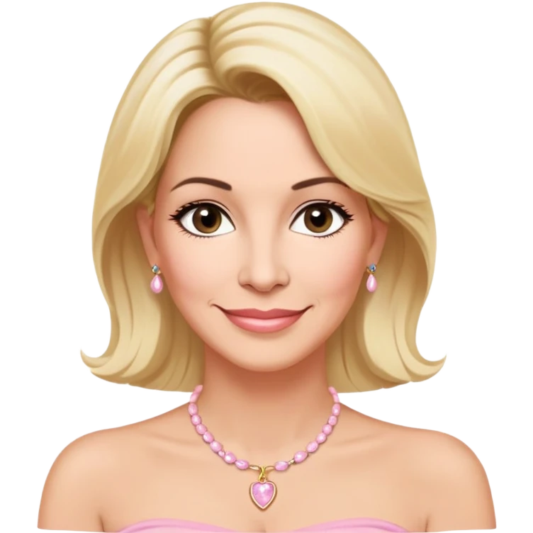 Linette Torres, 50-something Puerto Rican actress with fair complexion, kind-hearted expression, bright caring eyes, soft smile, blonde hair, wearing a light pink strapless top that sits below her shoulders and a simple elegant necklace emoji