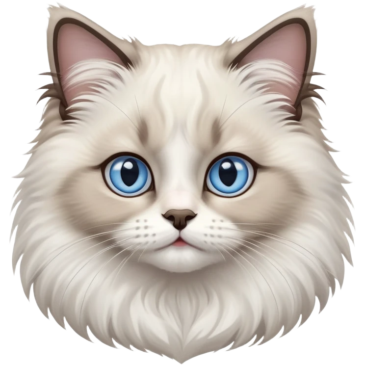 cinematic-adorable-big-eyed-fluffy-ragdoll-cat-portrait-emoji,-head-tilted-playfully-with-a-sweet-expression,-fluffy-white and grey-fur,-simplified-yet-irresistibly-cute-features-with-large,-expression, blue eyed ragdoll cat emoji