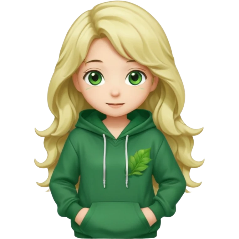Chibi anime girl, full body, long wavy blonde hair, large green eyes, blushing cheeks, shy smile, leaning forward, wearing an oversized green hoodie with a dark green leaf pattern. emoji