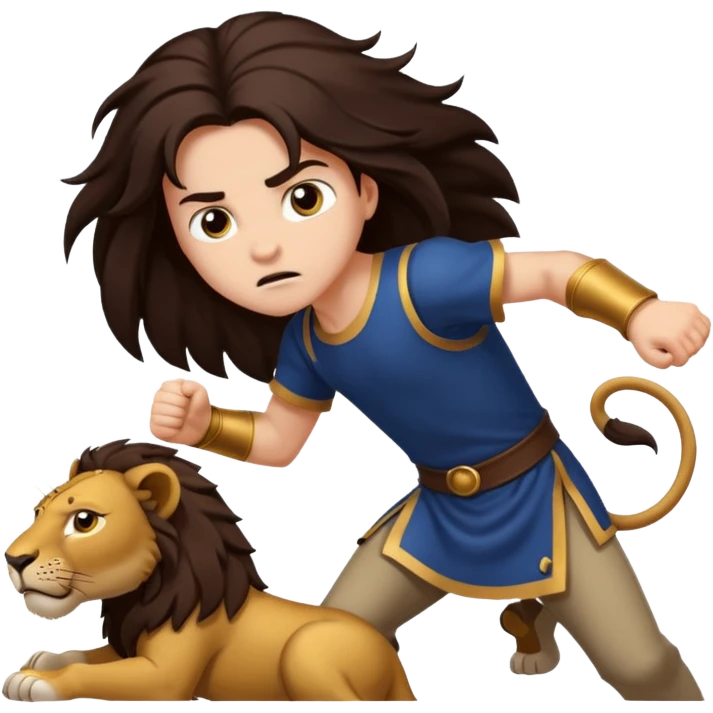 I want a royal child with dark brown long hair, fighting against a lion emoji