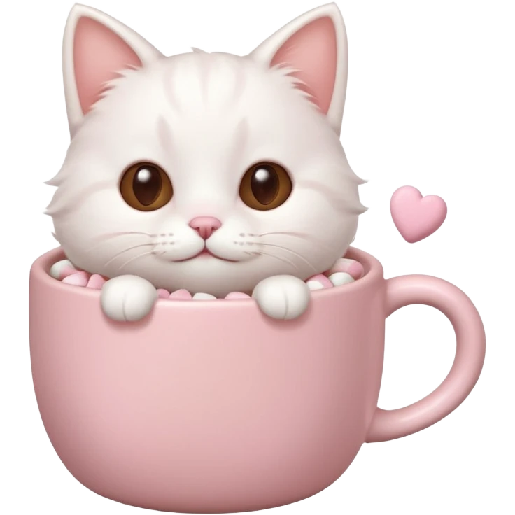 cute white cat relaxing in a pastel pink mug of cocoa with marshmallows, soft lighting, rounded shapes emoji