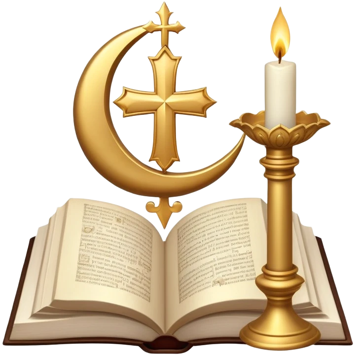 An icon featuring a holy book, a candle, and a cross, symbolizing religious studies. The design includes a globe with various religious symbols: a crescent moon and star (Islam), a lotus flower (Buddhism), representing global belief systems. Transparent background. emoji
