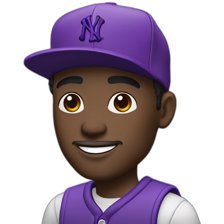 dark-skinned guy in violet attire, wearing a violet NY cap and rocking violet Jordan Retro 4. 🟣🧢👟 emoji