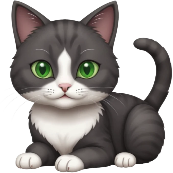 beautiful female solid dark grey cat with green eyes, white toes/paws and white patch on her chest playing emoji