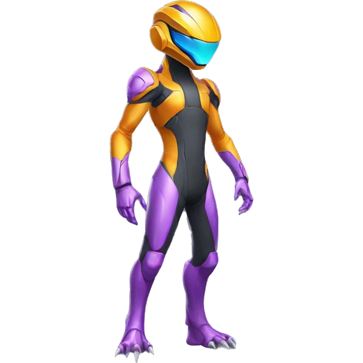 A Lizard-Reptile-Raptor-Alien-Genesect-Mewtwo-Fakémon, with a futuristic visor-helmet, wearing a techwear-suit, Full Body emoji