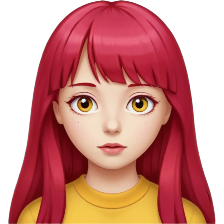 Menina com cabelos longos vermelho Cherry, liso com franja,olho direito ROSA e olho esquerdo amarelo,pele clara  emoji