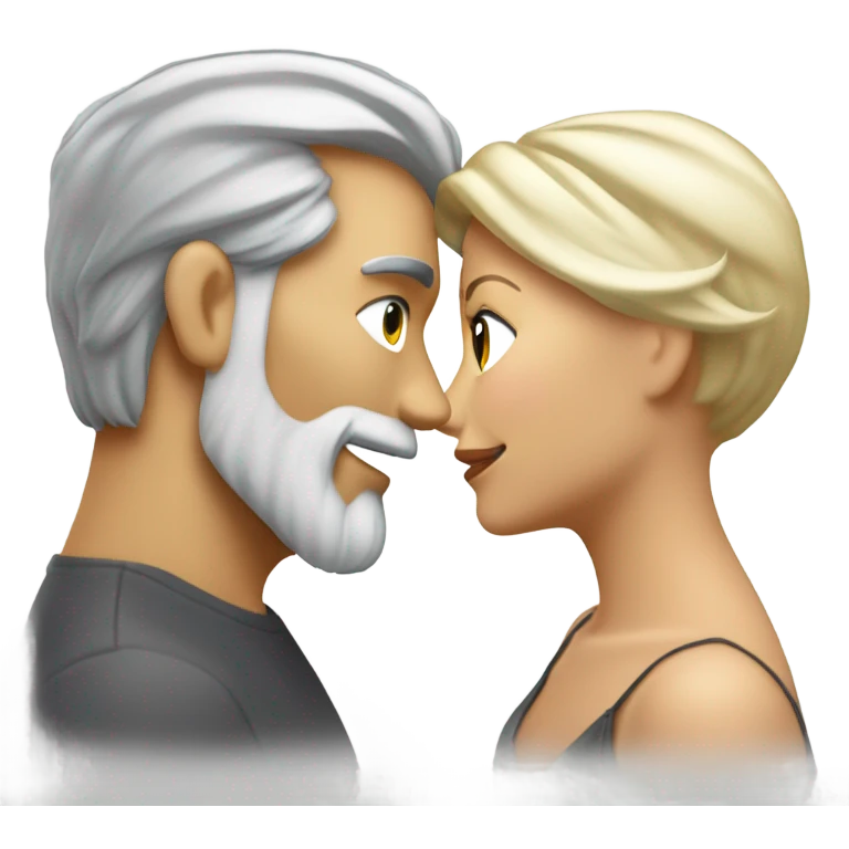 Handsome greying man with long hair in a tail and beard kissing blond athletic woman with pixie cut emoji