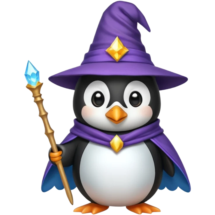 penguin dressed as a wizard with a pointy hat and magic wand, fun emoji style emoji