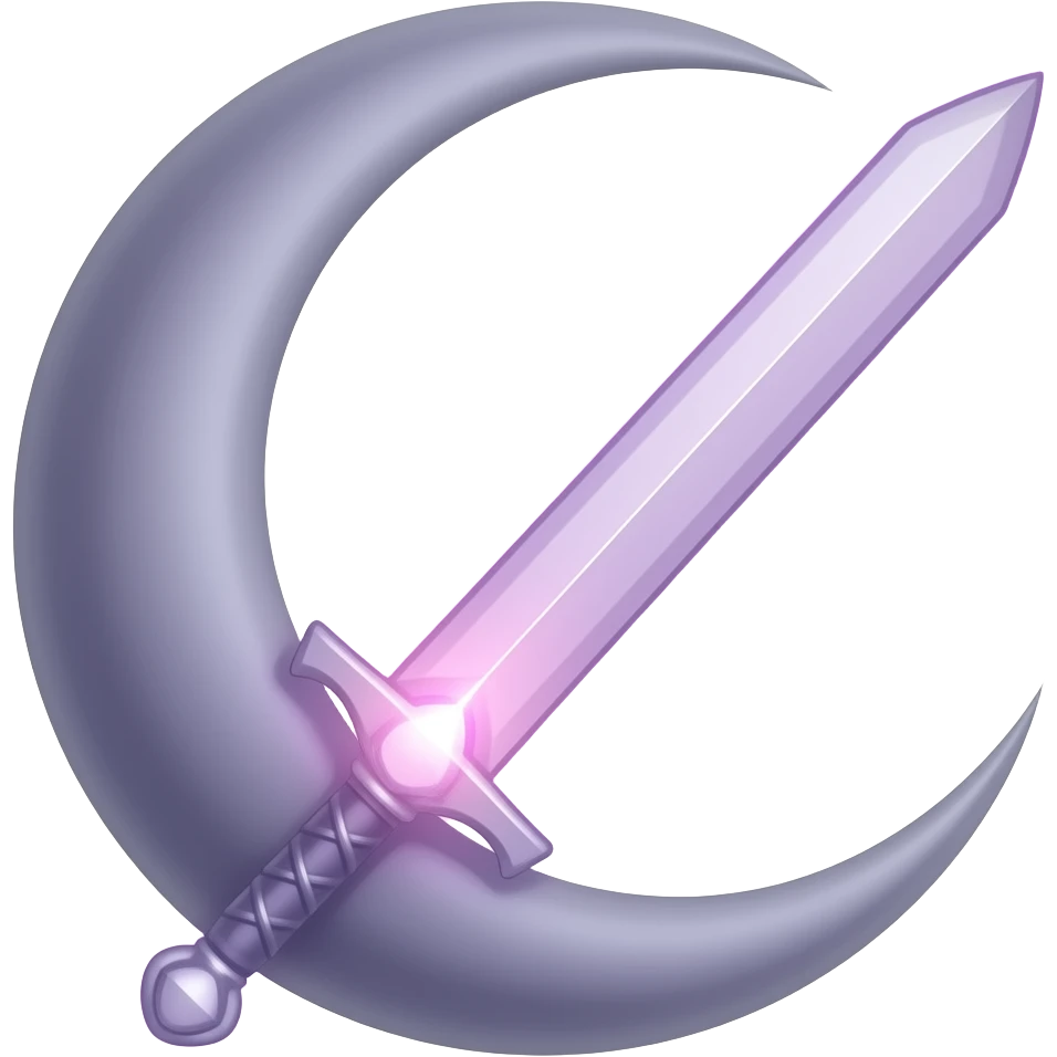 transparent dark purple detailed crescent moon with an elegant detailed glowing transparent sword, emoji style. The sword is positioned so that the blade points away from the moon and the hilt faces toward the moon (blade facing outward, not toward the moon). Soft violet and pink glow emoji