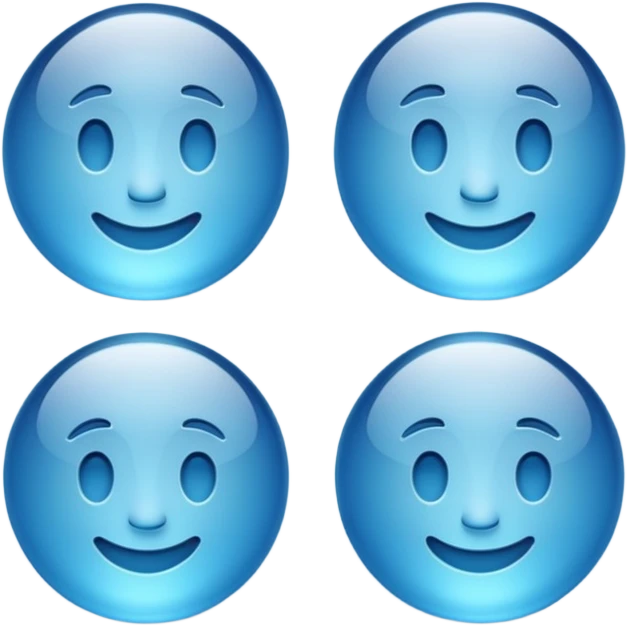 Make a standard set of emoji (all) in the style of glass from Apple, volumetric with a 3D effect and a transparency effect, and a small one with a blue gradient or light blue emoji