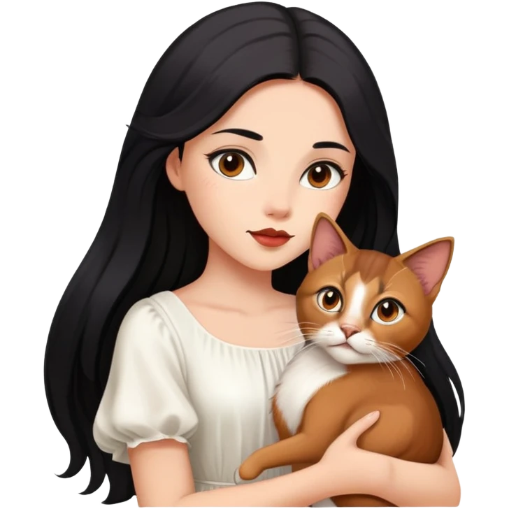 beautiful girl with long black hair wearing a white dress holding an Abyssinian cat with reddish-brown fur in her arms emoji