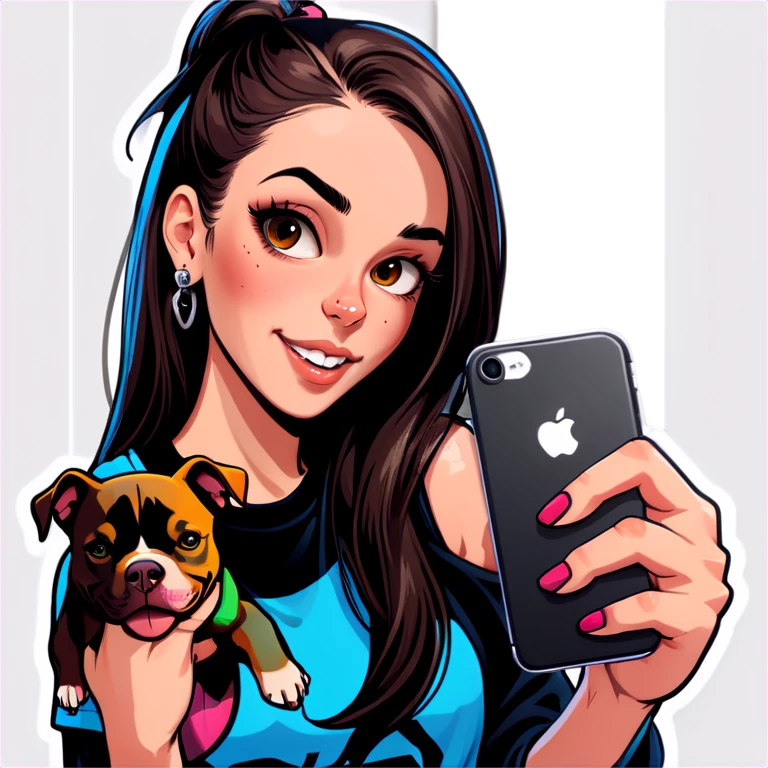  beautiful girl with choppy long dark hair with her nose piercing and her black iPhone with her her pet pit bull girl with an underbite layed next to her emoji