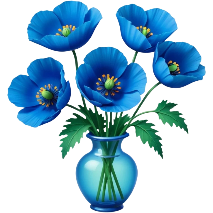 Still life realistic 3D rendering, bright blue poppies emoji