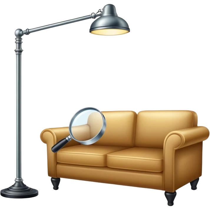magnifying glass hovering over a couch and floor lamp, detective investigation emoji