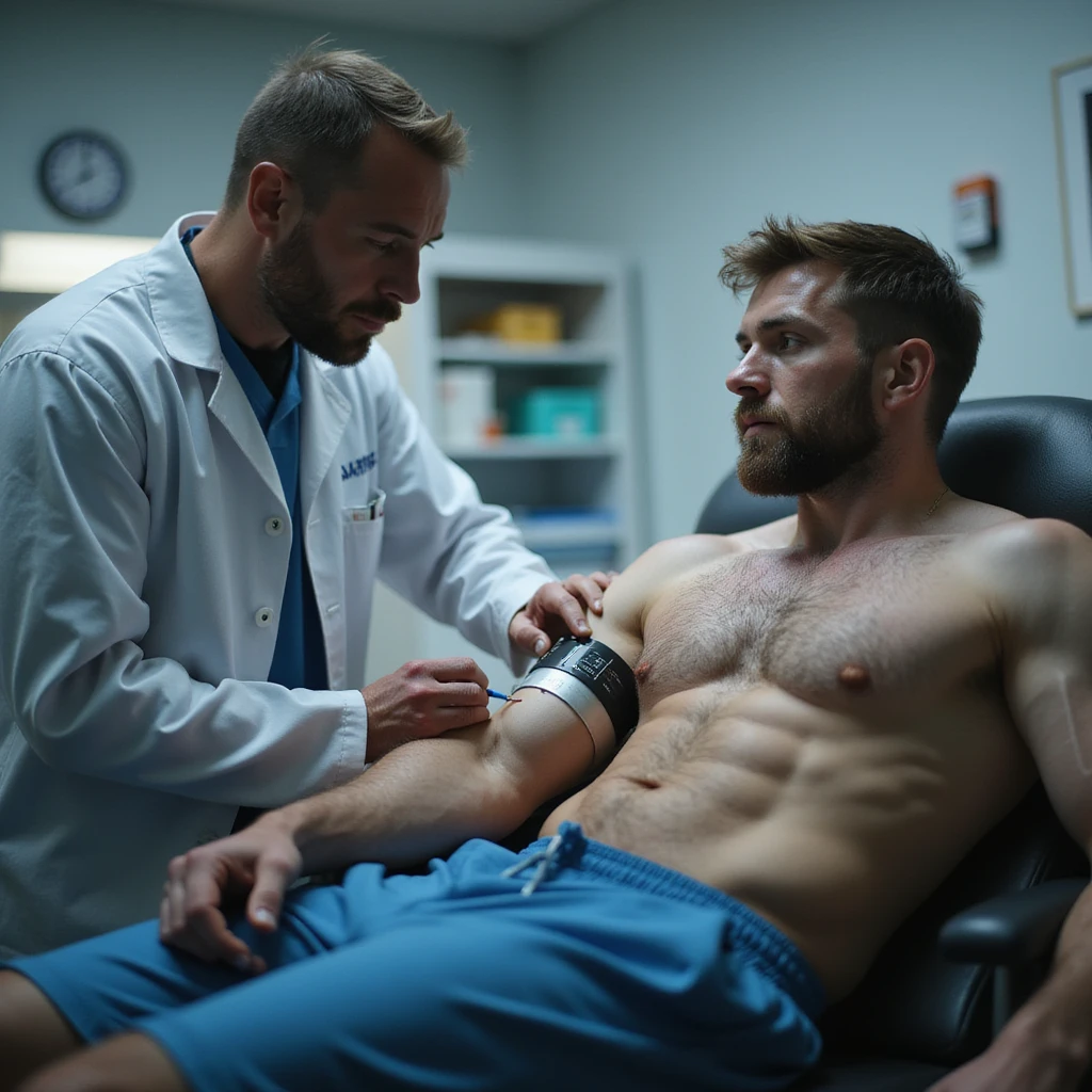 hyperrealistic 4K scene of athlete undergoing blood draw in laboratory, coach observing and taking notes, clinical atmosphere, detailed emoji