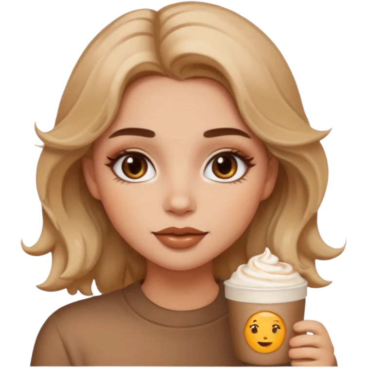 cozy warm-toned emoji girl with soft bronzy eyeshadow, fluffy brows, caramel shimmer, glossy nude lips, light contour, tousled hair, latte-inspired look emoji