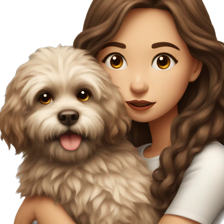 beautiful girl with brown hair kissing her fluffy dog emoji