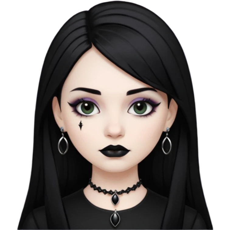Goth Mona Lisa emoji, black lipstick, dark eyeliner, gothic jewelry, round face emoji