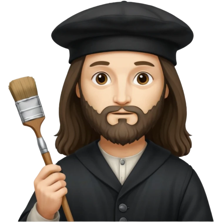Leonardo da Vinci wear black beret hat, hold a brush emoji
