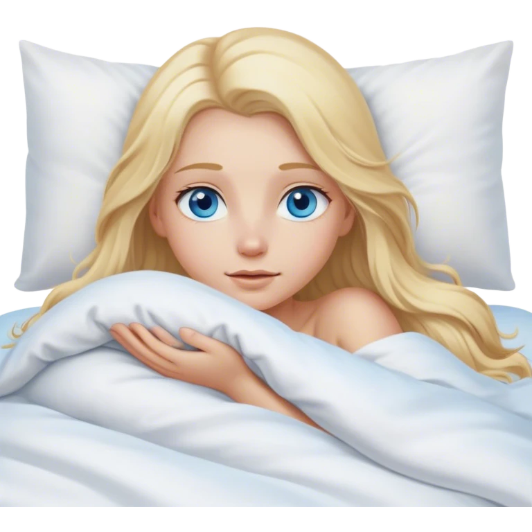 Cinematic realistic blonde with long hair, blue eyes and delicate features, lying in a cozy, soft bed, covered with a white duvet emoji