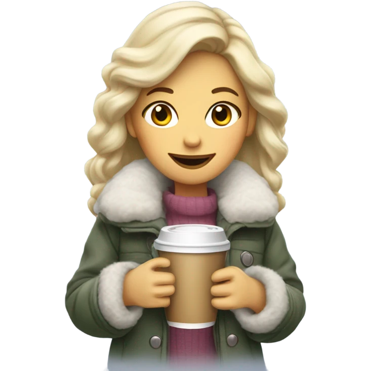 blondegirl wearing fluffy jacket and a coffee to go in hand emoji