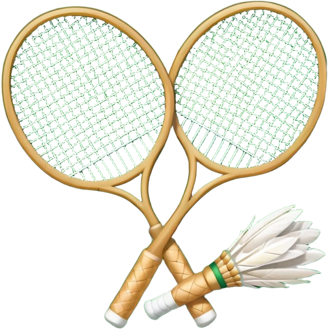 Two crossed badminton rackets with a shuttlecock resting in between, set against the faint outline of a badminton court. The image highlights the tools of the sport, with a subtle emphasis on the court's net and boundaries, symbolizing competition and skill. emoji