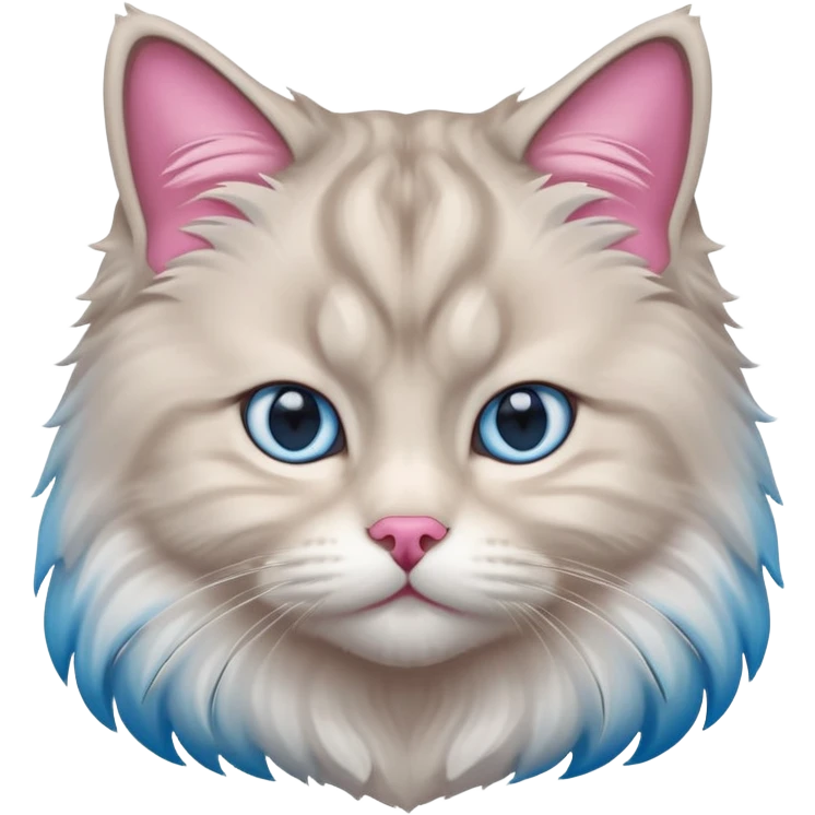 Fluffy Siberian cat face emoji, white and grey long hair, bright blue eyes, pink nose, friendly expression, 3D vector style, isolated on white background. emoji