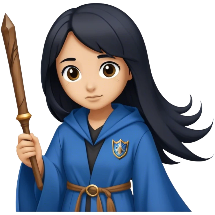 Girl with straight Long black hair and a ravenclaw Robe and a wooden wand emoji