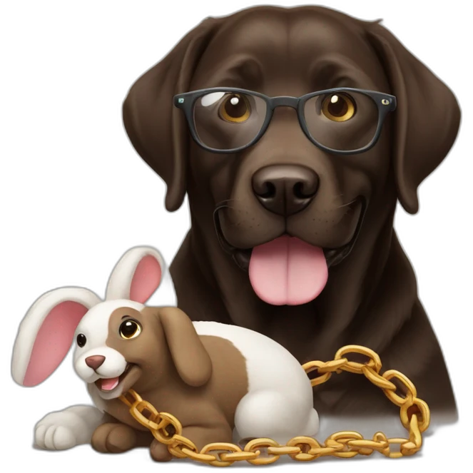 dark brown labrador, smiling, with glasses, a chain with "Sam" and a stuffed rabbit in mouth emoji