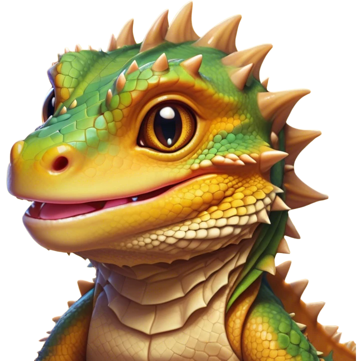 Cinematic Cute Bearded Dragon Portrait Emoji, Head tilted playfully and inquisitively, featuring a glossy, scaled hide in warm olive hues with an adorably scrunched spiky beard and round, sparkling eyes full of curious mischief, Simplified yet irresistibly adorable features, highly detailed, glowing with a warm, friendly glow, high shine, affectionate and lively, stylized with a touch of rugged whimsy, bright and endearing, soft glowing outline, capturing the essence of a mischievous yet loving dragon, so playful it feels like it could scamper out of the screen into your arms! emoji