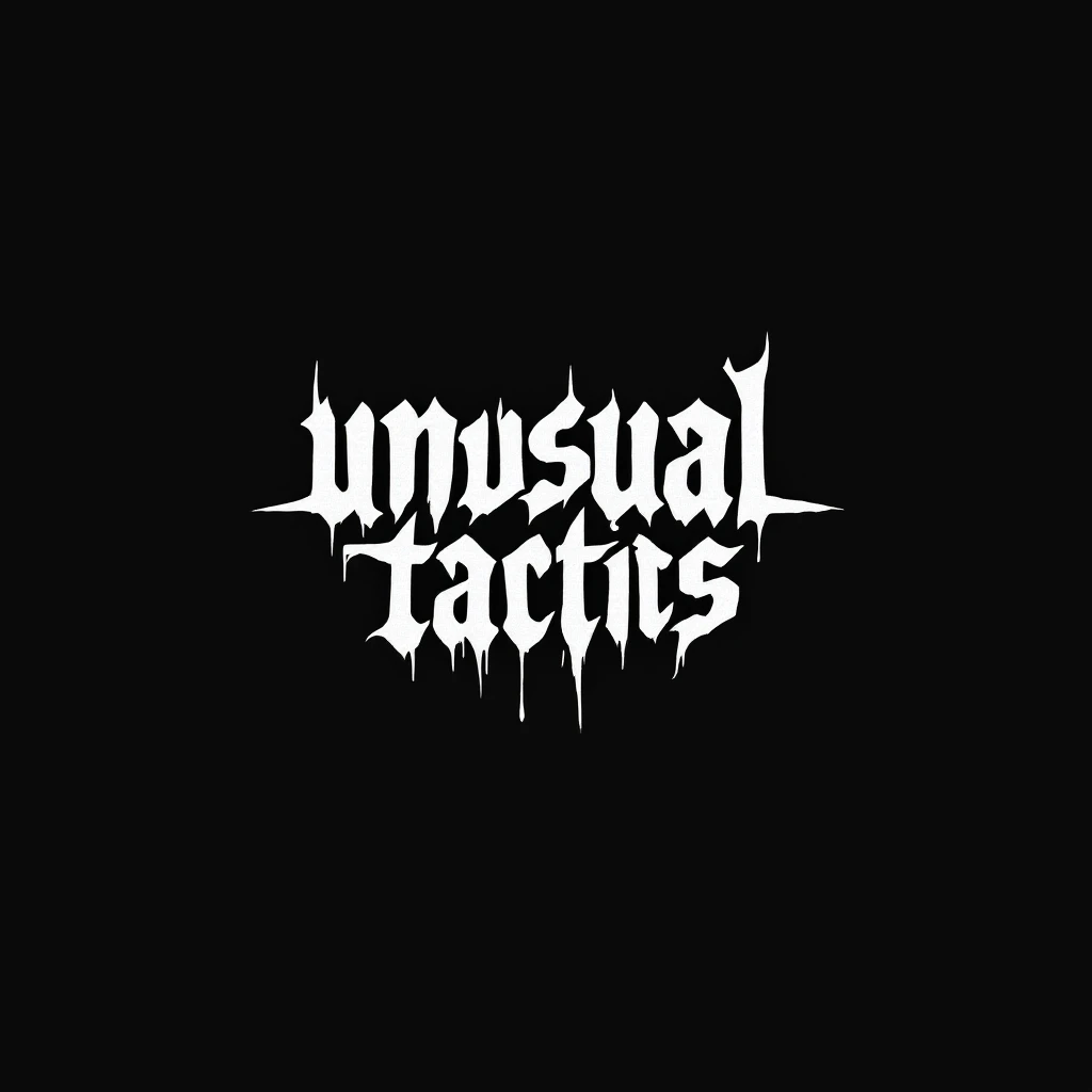 a logo, resembling that of metal band logo, for the text: "unusual tactics", drip font, symmetrical lettering, lettering only emoji
