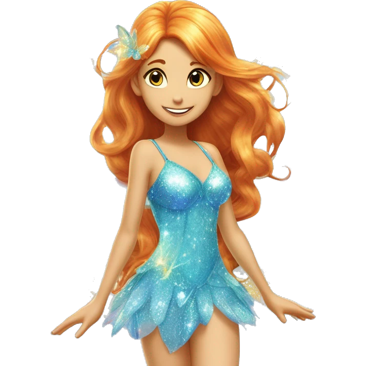 Bloom adult fairy of dragonflame in her enchantix fairy light blue sparkling two-piece clothing and fairy enchantix wings and long ginger hair in from winx club. Lots of sparkles and fairydust. Full body pic and full fairy bliss emoji