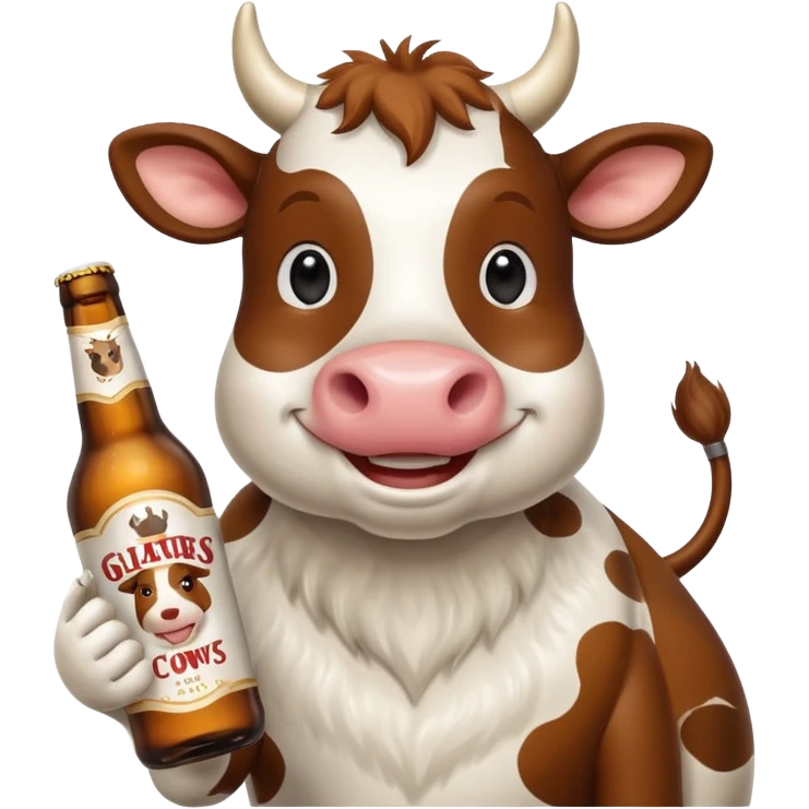 cartoon cow holding New Glarus Spotted Cow beer bottle emoji