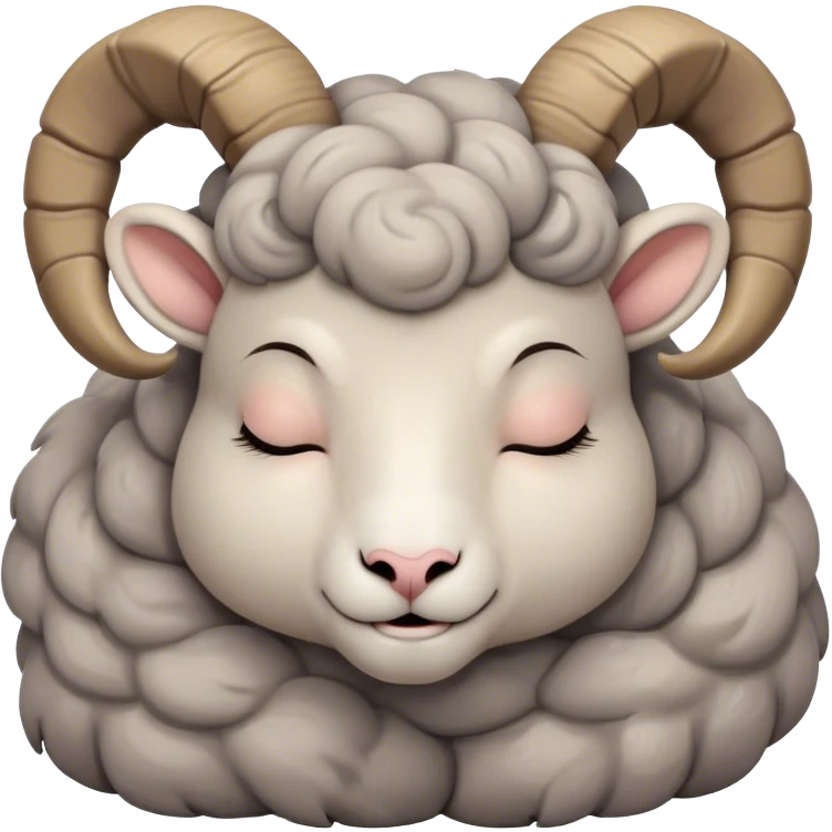 Meme-Worthy Cute Sleeping Ram Portrait Emoji, Head resting peacefully with a contented smile, showcasing a robust build and a luxuriously soft woolly grey fur with gently curled horns, eyes shut in a serene, restful nap, Simplified yet hilariously adorable features, highly detailed, glowing with a soft, drowsy light, high shine, relaxed and utterly lovable, stylized with an air of playful laziness, bright and heartwarming, soft glowing outline, capturing the essence of a comically sleepy ram, so meme-worthy it feels like it could instantly become the next viral sensation of adorable slumber! emoji