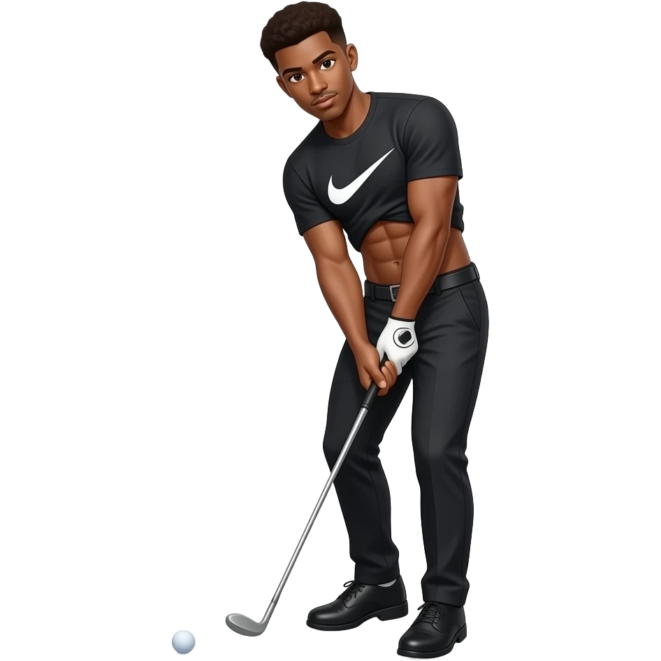 black skinned 22 year old man with a brown low taper fade in a very tight black nike t shirt where you can see his abs and black golfing pants and black golf shoes he is also hitting the ball hard emoji