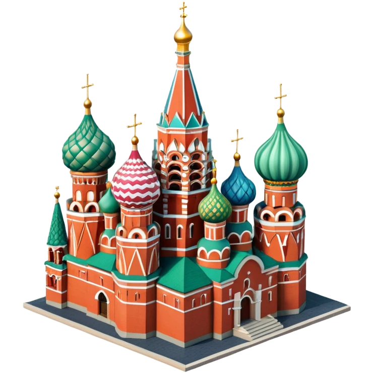 Isometric illustration of Moscow, featuring photorealistic Saint Basil's Cathedral with colorful onion domes, hand-drawn painterly details, subtle texture on bricks and roofs, realistic shadows and soft lighting, muted yet vivid color palette, diorama miniature effect. emoji