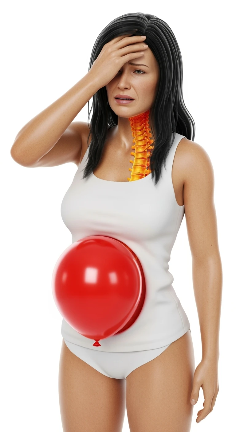corpo umano anatomico realistico in posa frontale con spina dorsale anatomica in evidenza e palloncino rosso sulla pancia, si tiene una mano sulla fronte disperata per la pancia gonfia, iperrealistica 4k, isolato su sfondo bianco emoji
