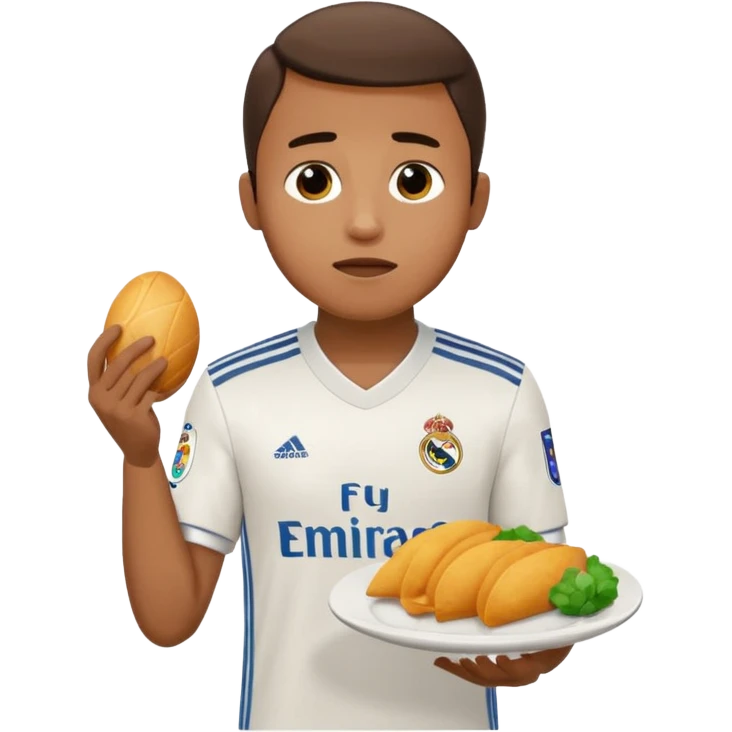 Lamine Yamal in Real Madrid football club uniform, crying and holding a plate emoji