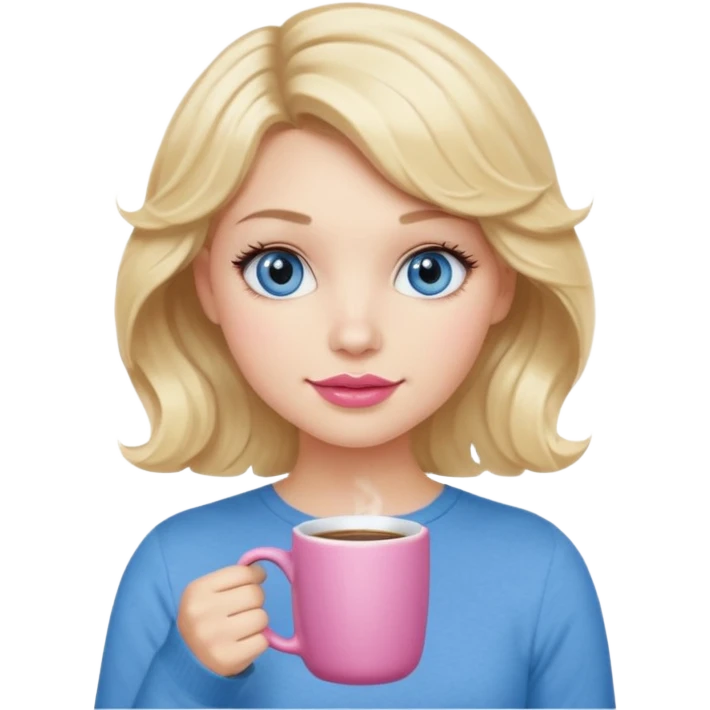 Girl Blonde short wavy hair,  blue eyes, cute blue top, long lashes, pink lips, holding hot coffee mug emoji