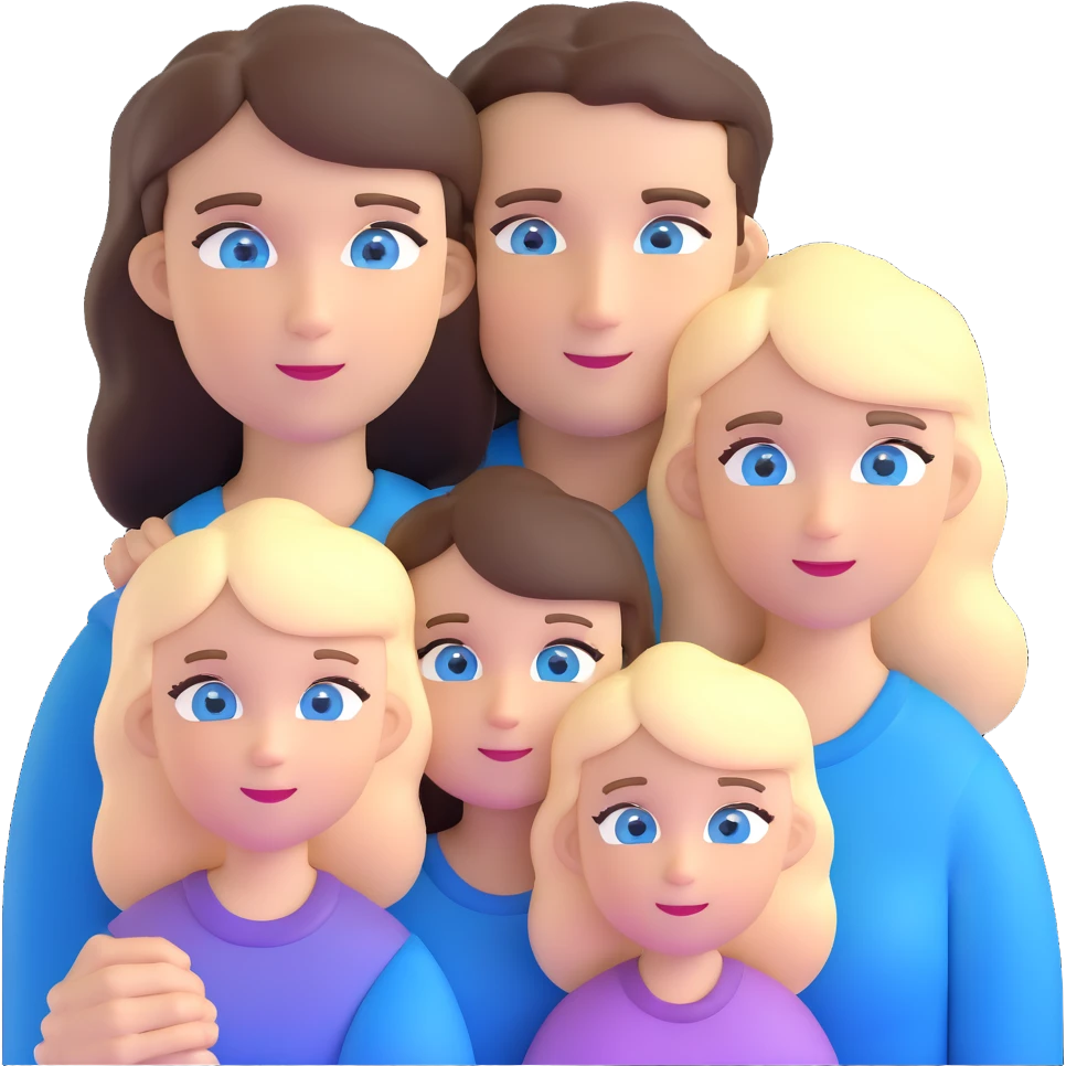 Family portrait with father with dark brown hair and blue eyes, mother with light brown hair and blue eyes, three blonde little girls with blue eyes emoji